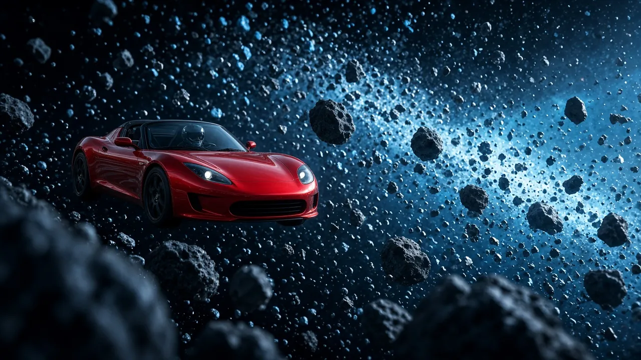 Roadster near an asteroid
