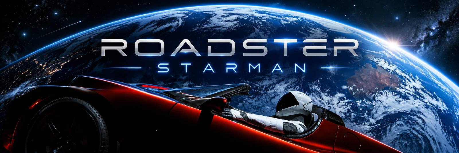 Roadster Starman banner — cruising past Earth
